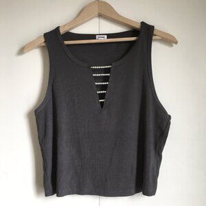 Y2K Garage Grey Rhinestone Cut Out Crop Tank XL Cyber Grunge McBling
